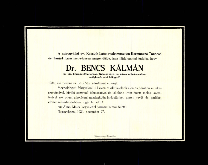 Bencs Kálmán gyászjelentése