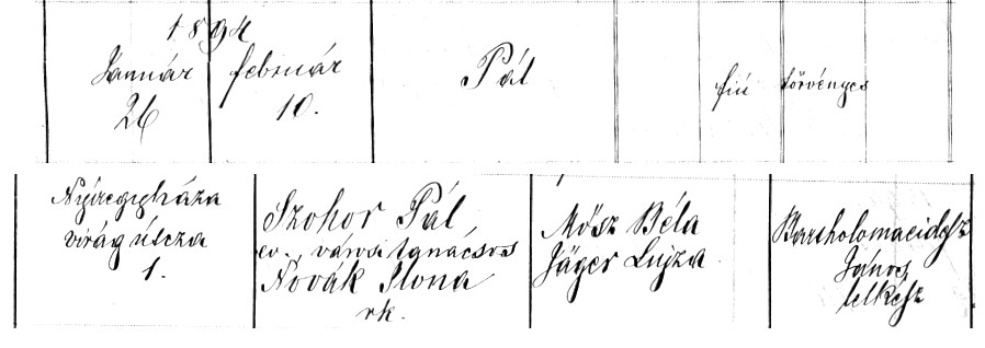 Szohor Pál keresztelési anyakönyv 1894