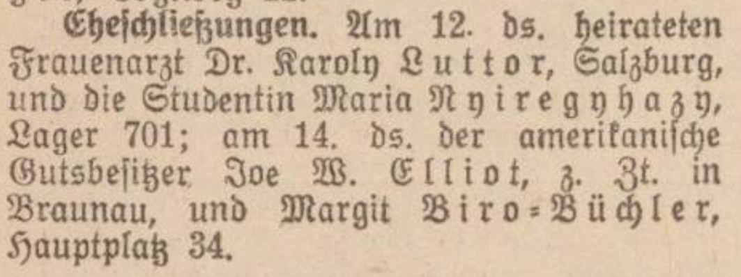 Nyíregyházy Mária és Luttor Károly házassági jelentése