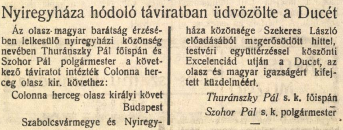 Távirat Mussolininek