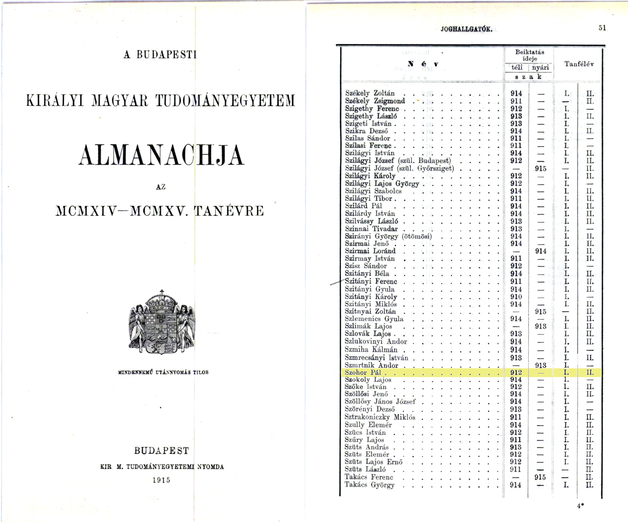 Az ELTE 1915-ös évkönyve
