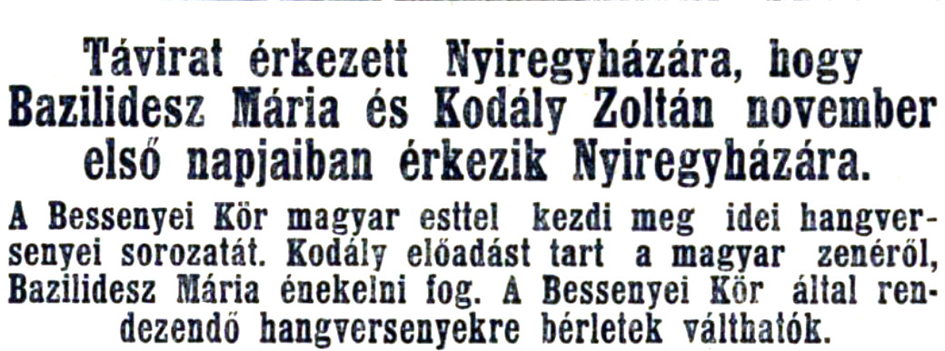 Kodály Zoltán Nyíregyházán 1926