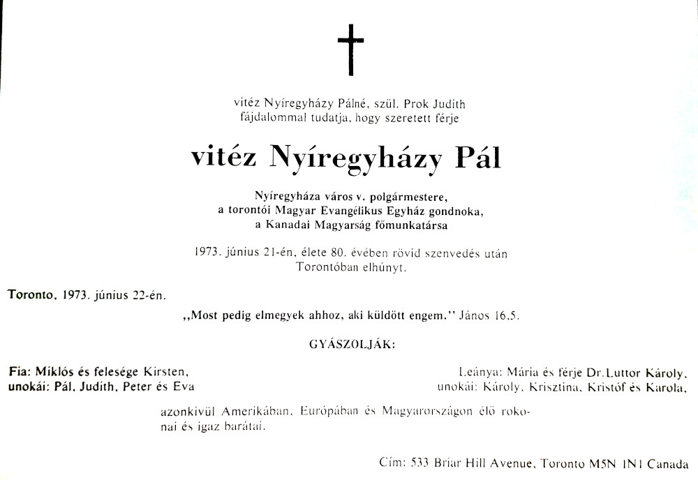 Nyíregyházy Pál gyászjelentése